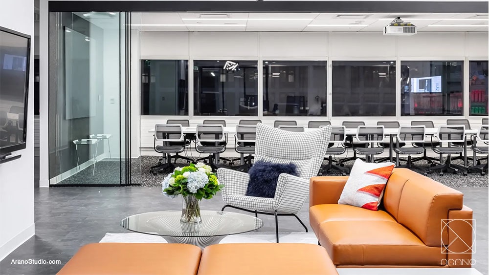 طراحی داخلی دفتر کار با رنگ های گرم و طوسی - طراحی داخلی دفتر کار لوکس و مدرن