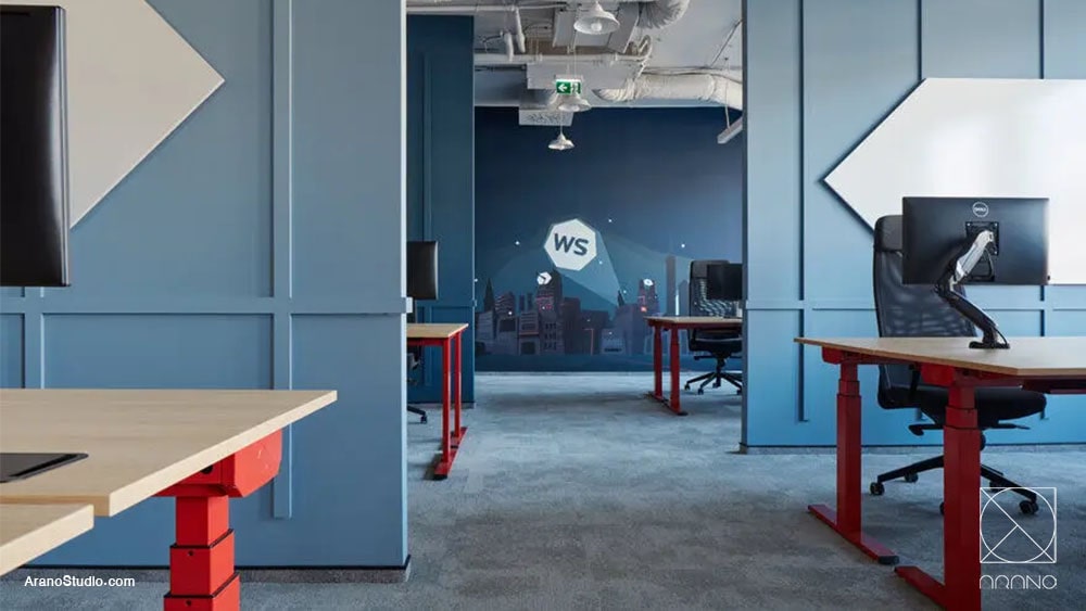 طراحی دفتر اداری و کار با رنگ های سرد و آبی - طراحی داخلی دفتر کار لوکس و مدرن