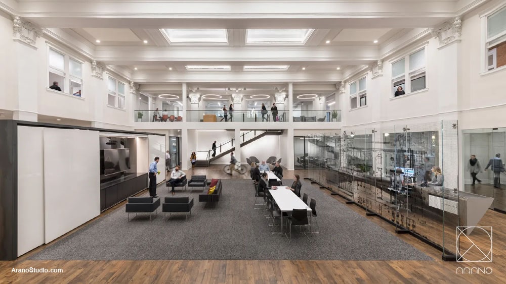 طراحی دفتر کار بزرگ با سقف بلند - طراحی داخلی دفتر کار لوکس و مدرن