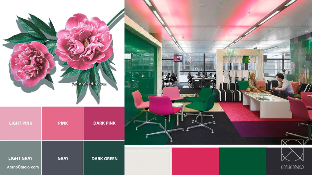 طراحی داخلی و دکوراسیون دفتر اداری با پالت رنگی سبز و صورتی - مشاوره دکوراسیون داخلی آرانو